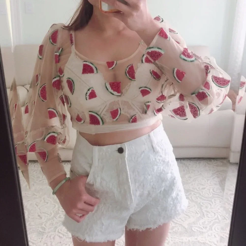 TOPSHOP women’s watermelon print sequins sheer top US 4 - Picture 2 of 9